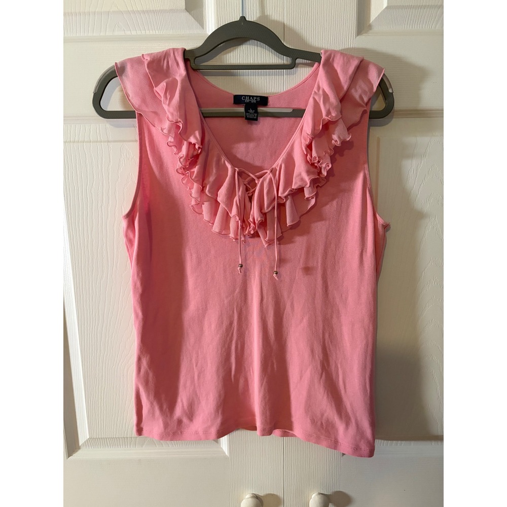Chaps Womens Pink Ruffle Lace Up V-Neck Sleeveless‎ Cotton Knit Top Size L